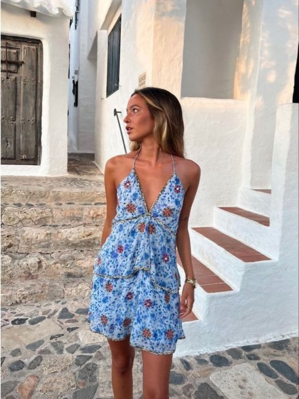 Zara sequin Blue Floral Halter Mini Dress